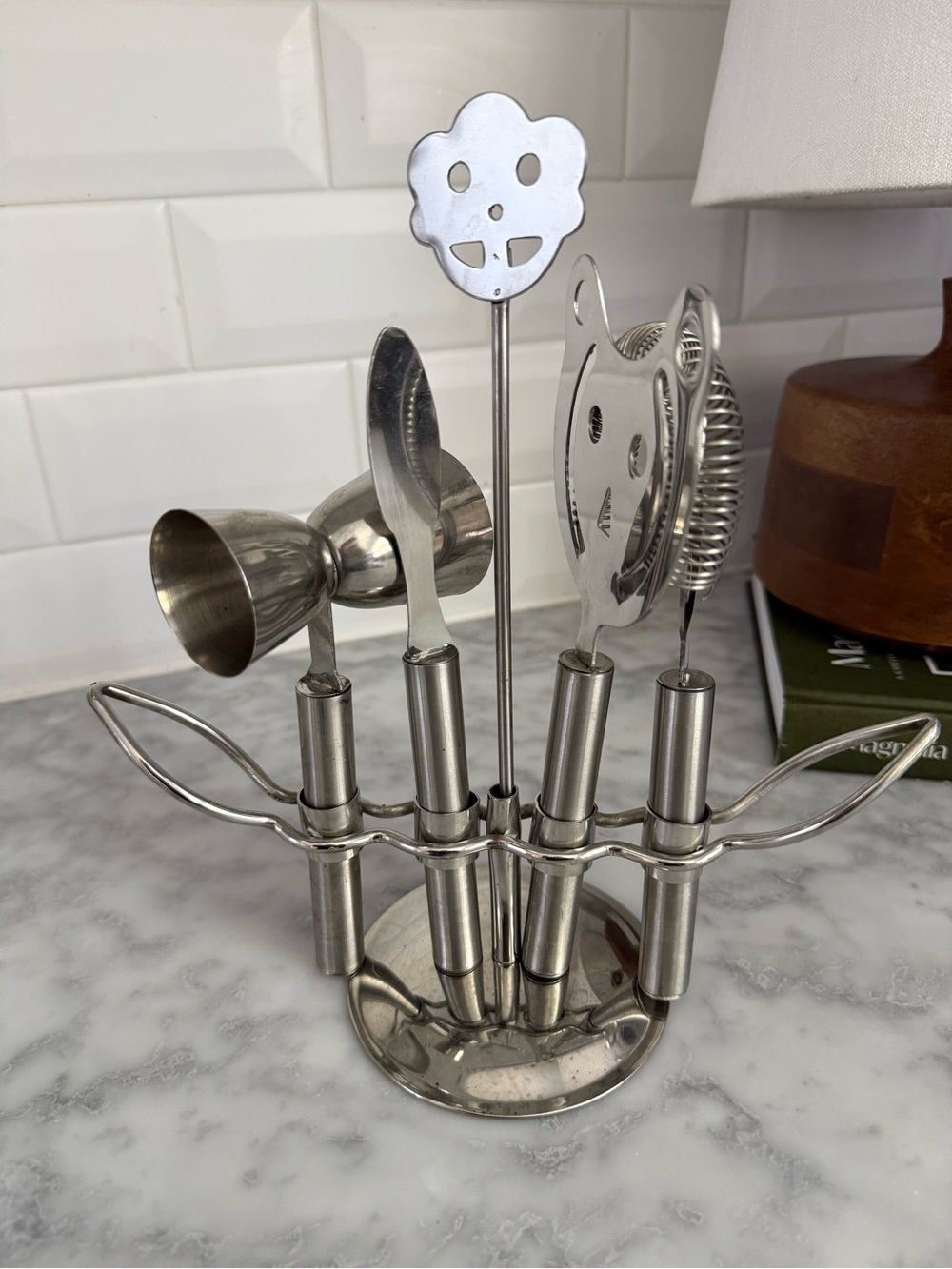 Godinger Stainless Steel Bar Tool Set - Silver Finish-Whimsical Faces with Stand